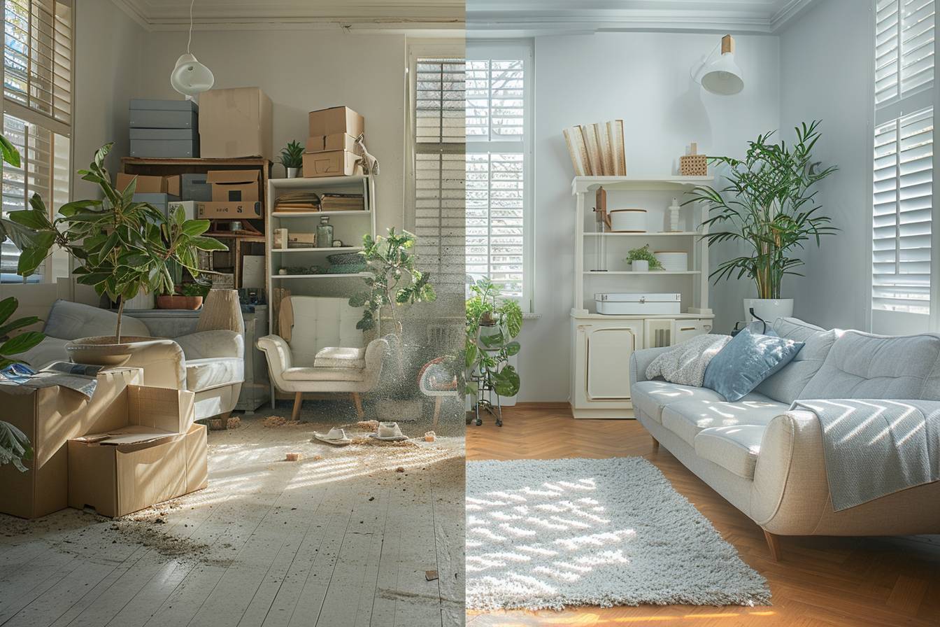Avant et après le débarras d'une maison insalubre à Béziers, montrant un espace de vie transformé et revitalisé.